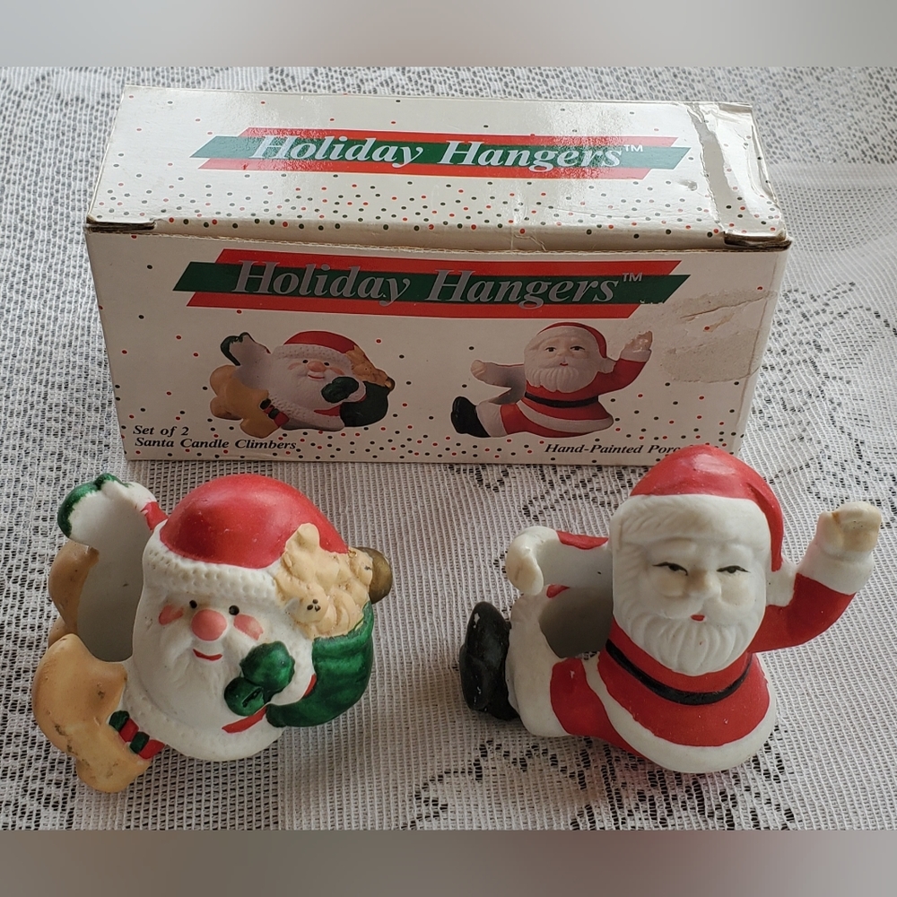 Santa Candle Climbers Huggers Hand Painted Porcelain Vintage Holiday Hangers Set